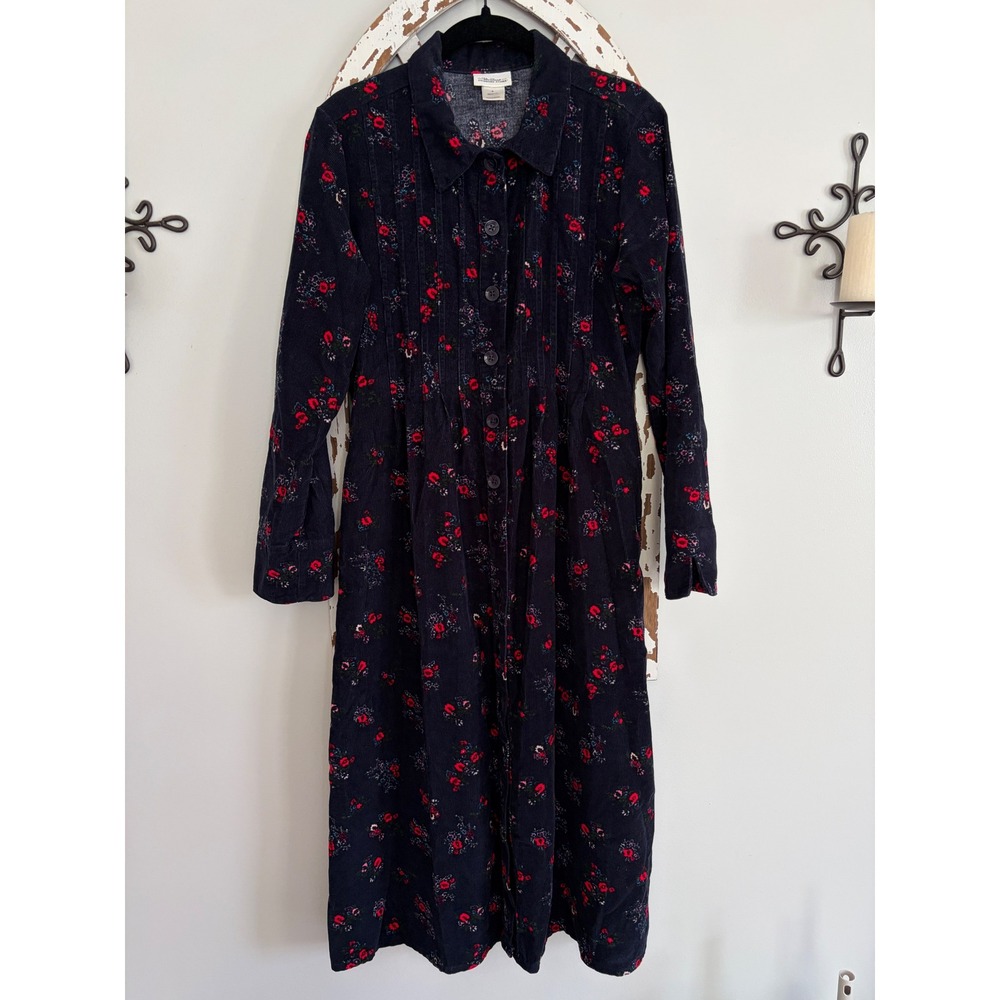 The Vermont Country Store Corduroy Shirt Dress Pintuck Floral Cottagecore Sz S
